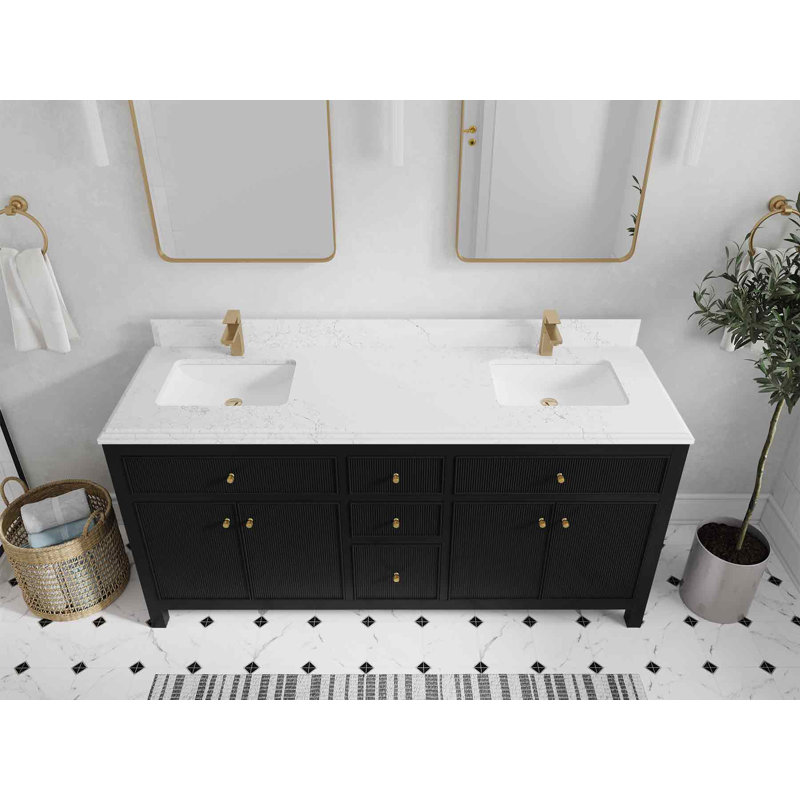 72'' Double Bathroom Vanity with Quartz Top, Black, Empira
