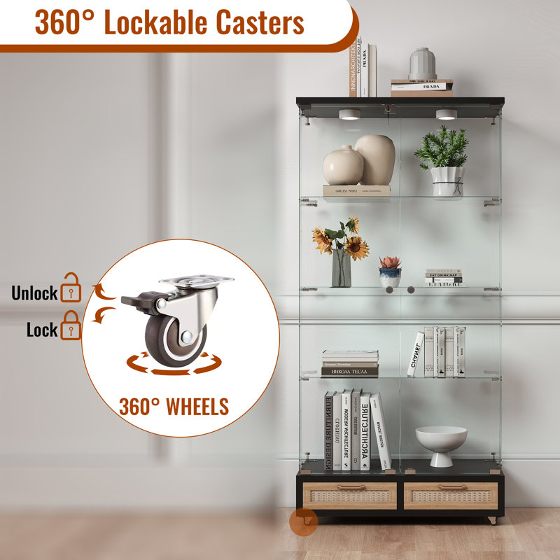 Modern Glass Display Cabinet With 4 Tempered Glass Bookshelf,natural, Black