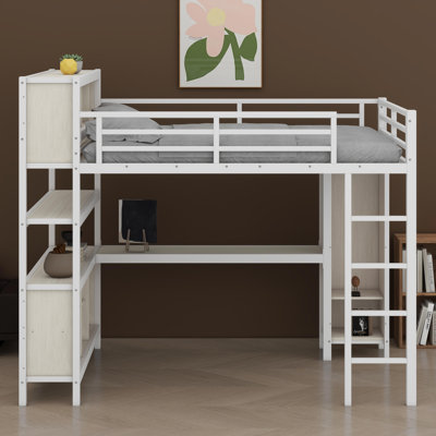 Lit mezzanine avec garde-robe intégré, bureau en L et tablettes de rangement