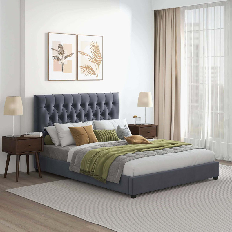 Lit plateforme en velours moderne Mid Century, Très grand
