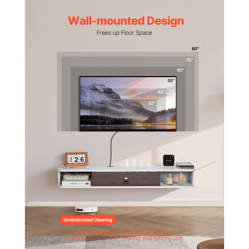 Floating TV Stand, Wall Mount Entertainment Center with Cable Hole, Modern Floating TV Shelf with Storage Cabinet, Particle Board Console for DVD Player, Cable Box, Game Console, White