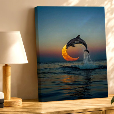 Reproduction d'art sur toile dauphin sautant par-dessus un croissant de lune, océan et coucher de soleil pour coucher de soleil, salon, chambre à coucher, bureau, couloir et appartement, décoration de maison moderne