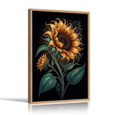 Art mural tournesol doré avec feuilles bleu sarcelle et bourgeons sur toile noire