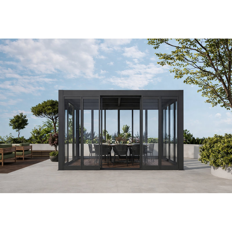 Pergola en aluminium noir 13 'x 10' avec toit à persiennes et parois coulissantes en verre