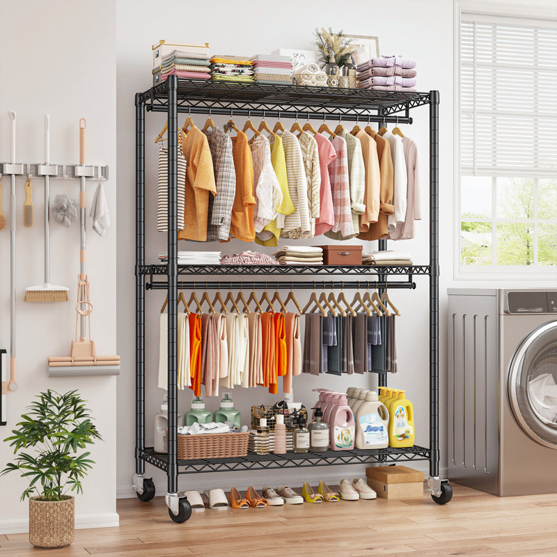 Portant à vêtements robuste avec roulettes, garde-robe portatif avec 3 tablettes et 2 tringles de suspension