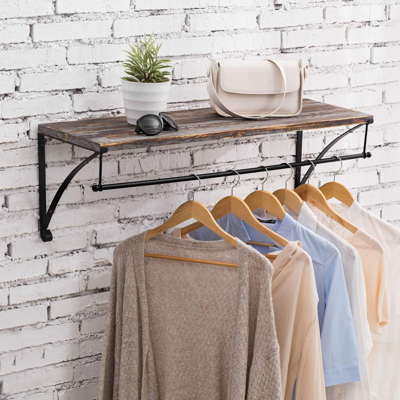 Wall Mounted Wood Shelving Unit With Metal Clothes Hanging Rod And Floating Display Shelf For Home Or Retail Storage