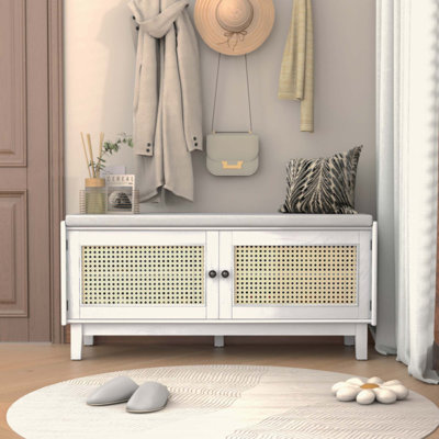 Boho Rattan Entryway Bench with Storage, Cushioned Shoe Bench with Double Doors, Wooden Shoe Organizer Bench for Entryway and Hallway