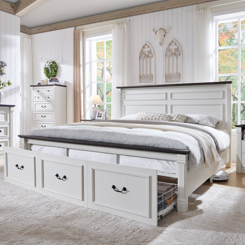 Burlington  Farmhouse King Size Bed Bed Frame with 51" Tall Headboard, Wood Platform Bed Frame, King, White