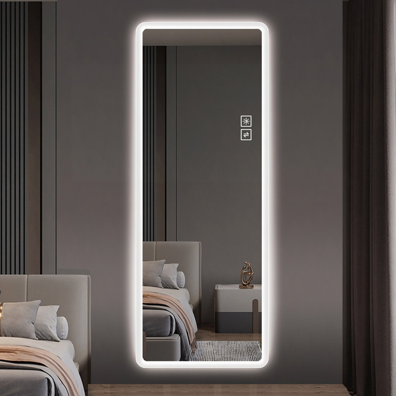 Miroir pleine grandeur avec corps de meuble-lavabo lumineux et miroir à DEL avec miroir mural de grande taille, coins arrondis, chambre à coucher, salon, vestiaire, hôtel