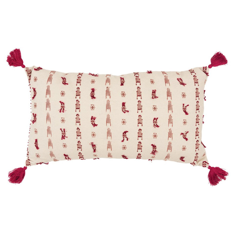 Magenta Beige Tribal Inspired Tasseled Lumbar Pillow, Rouge / Beige