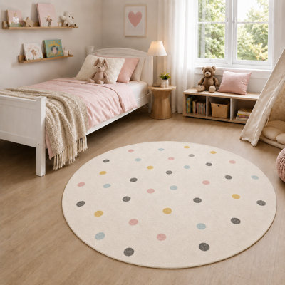 Kids Rug with Polka Dots in Beige Cream