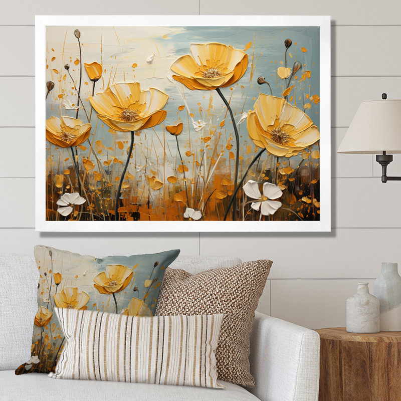 «Yellow Grey Buttercups Golden Glow Patchwork», reproduction sur toile, H 16 po x l 32 po x P 1 po, Cadre photo blanc
