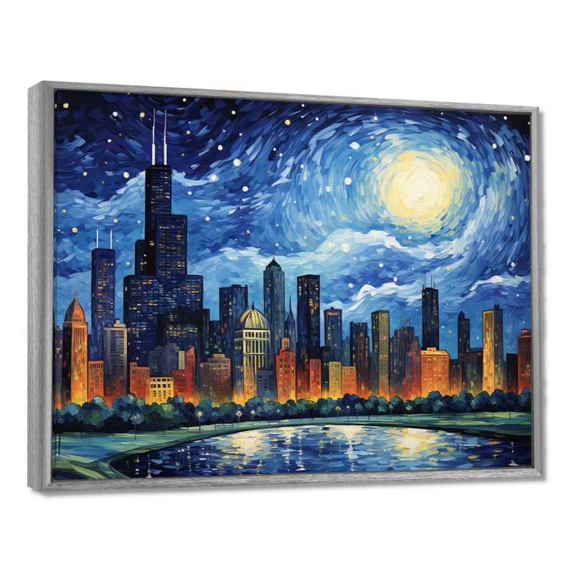 «Chicago The Starry Night», art mural sur toile Chicago, 16" H x 32" W, Encadrement argenté