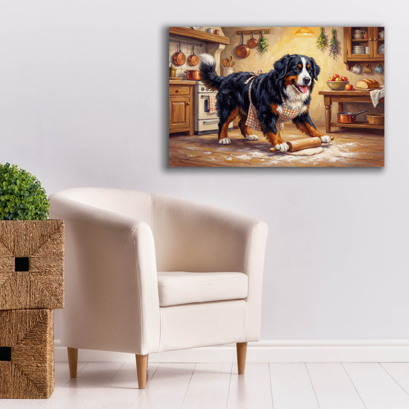  «Bernes Mountain Dog In The Kitchen» par Rich Monet, art mural sur toile, 40 po x 26 po, H 26 po x l 40 po