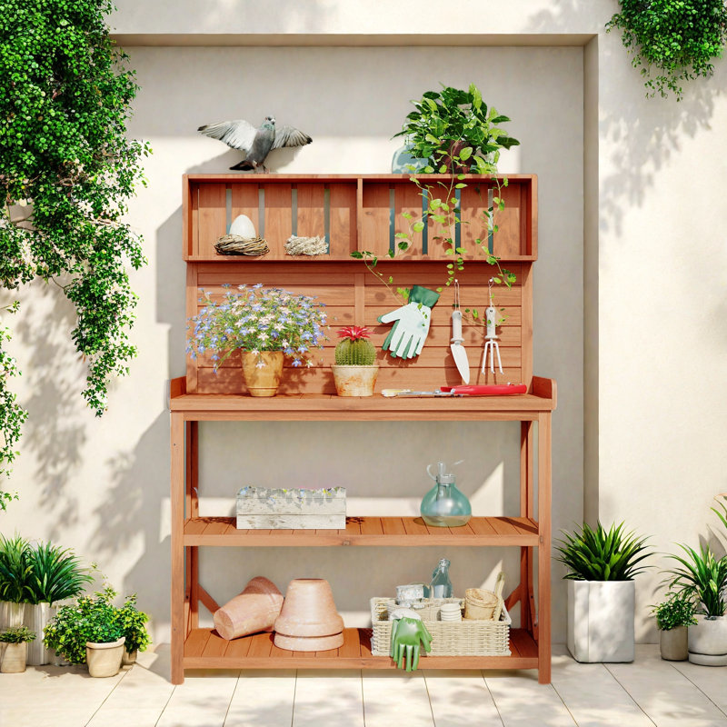 Grande table de rempotage en bois avec 4 tablettes de rangement et crochets latéraux