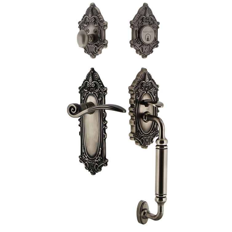 Nostalgic Warehouse Victorian Plate C Grip Handleset with Single Cylinder Deadbolt and Swan Lever