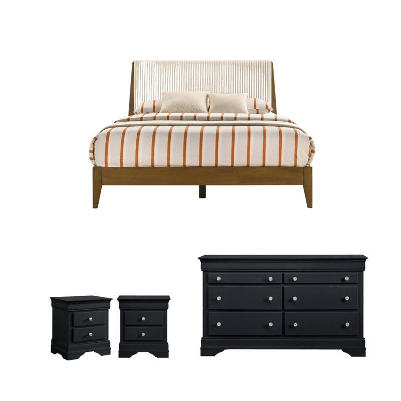 Nane Modern Solid Wood 4 Pieces Fully Assemble Bedroom Set, Black/Walnut, 4 Pcs: Bed, Dresser, 2 Nightstands