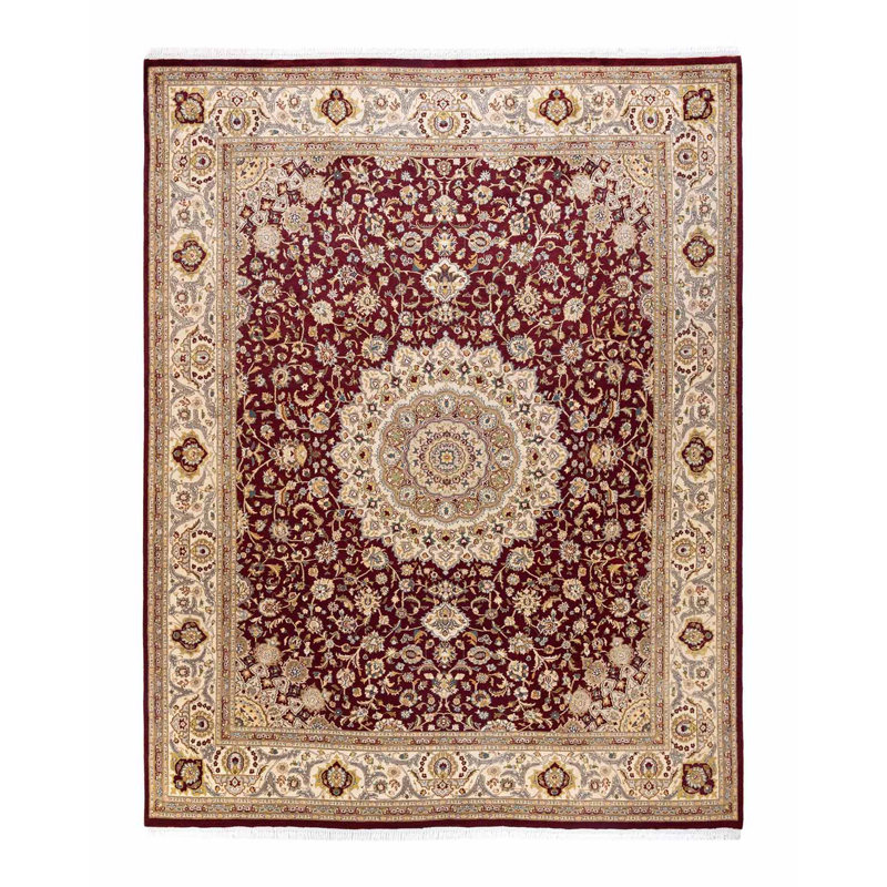Tapis unique en laine noué à la main 8 pi 1 po x 10 pi 5 po nouvel âge Hayner - beige / rouge / ivoire