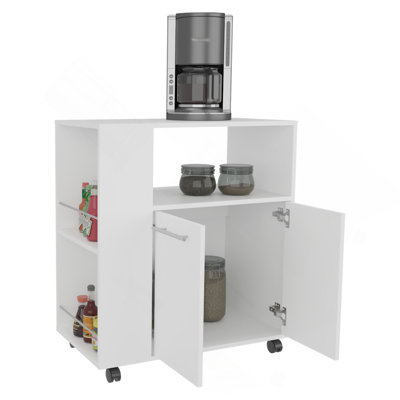 Kitchen Cart with Microwave Shelf. Open Storage. and Two-Door Cabinet.