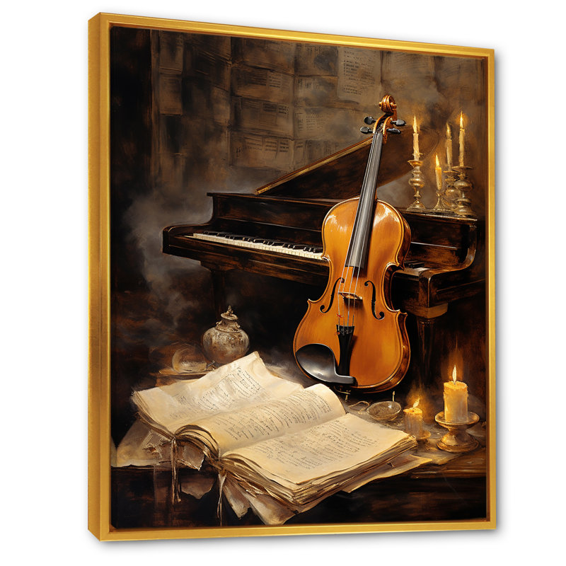 Violon rétro et harmonie piano II sur toile, Cadre flottant doré, H 44 po x l 34 po