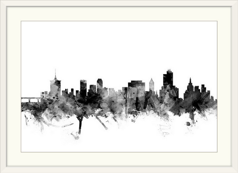 «Francy Tulsa Oklahoma Skyline» par Michael Tompsett - reproduction, Cadre blanc, H 28 po x l 38 po x P 1 po