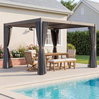 Pergola à lames orientables de 3 m x 3,6 m, entièrement en aluminium antirouille, avec toit à lames orientables de 0° à 90°, pergola moderne de patio avec rideaux et moustiquaire pour jardin, cour ou piscine, grise