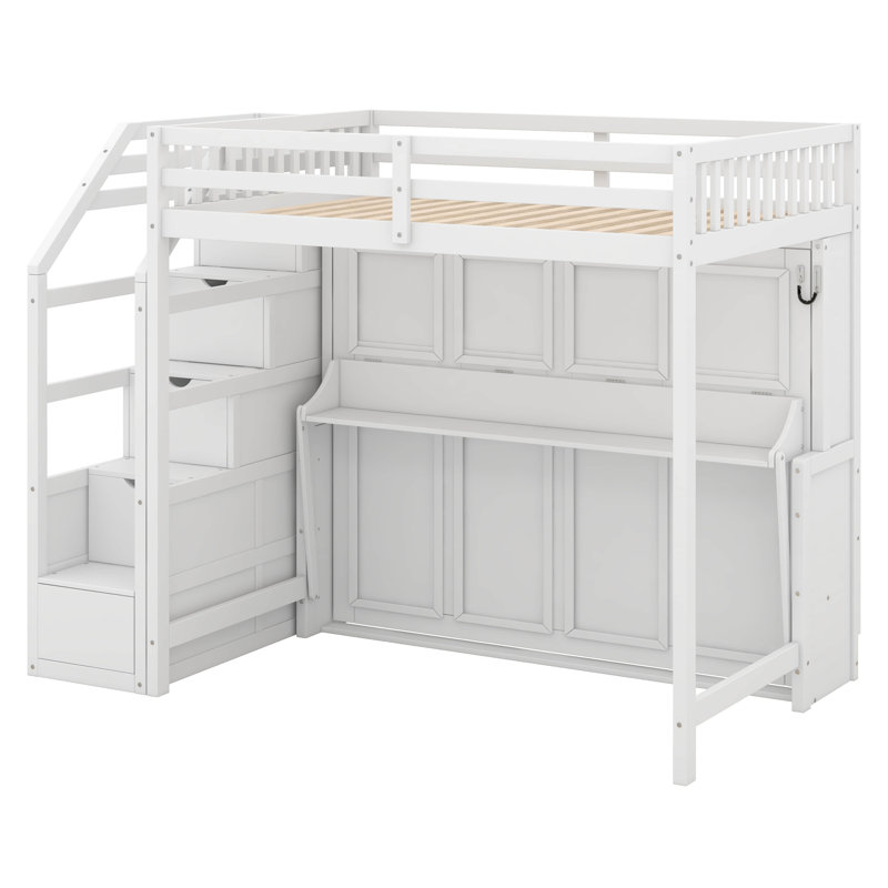 Lit mezzanine double TG avec lit escamotable et escalier de rangement, lit escamotable double avec lumières DEL, conception multifonctionnelle