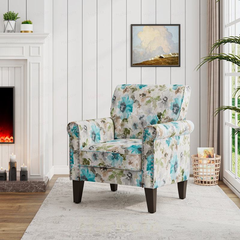 Chaise d'appoint à motif floral bleu pastel et gris avec pieds en bois massif, Bleu / Vert