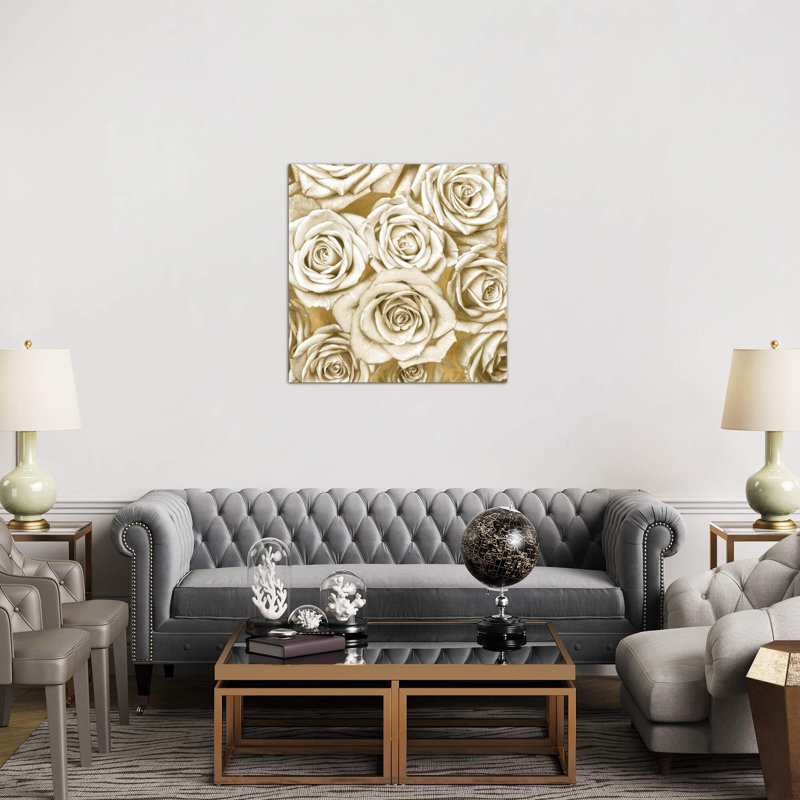 Ivory Roses on Gold 1 Piece Wrapped Canvas Wall Art, 93.98 cm H x 93.98 cm W x 3.175 cm D