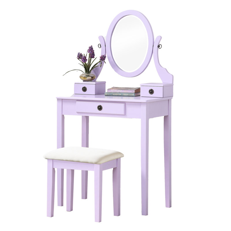 Coiffeuse chic en bois avec tabouret, argenté - 3 tiroirs, miroir réglable, Mauve