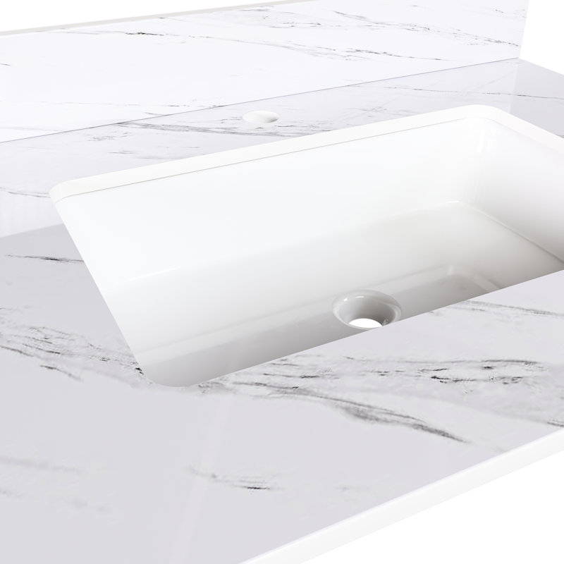 Dessus de meuble-lavabo en marbre 31 po pour salle de bain - Pierre frittée blanche, lavabo rectangulaire, dosseret de 4 po, trous de robinet pré-percés et attrayante pierre élégante