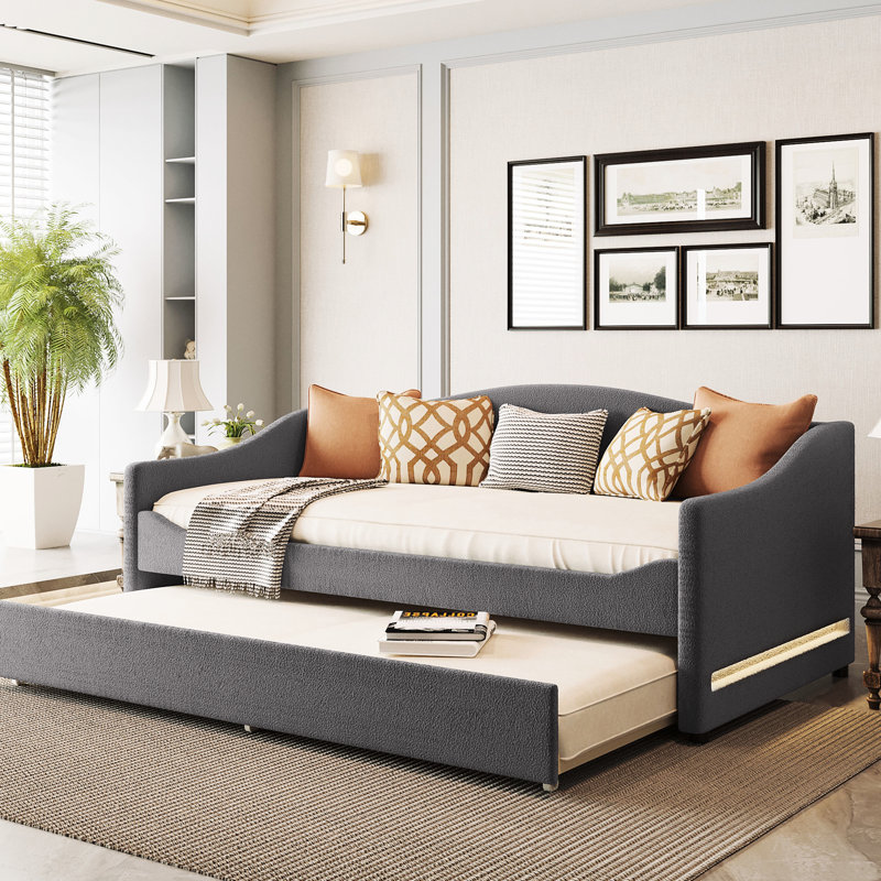 Twin Upholstered Daybed With And Trundle, Gray Fleece - Create A Romantic Atmosphere In Your Bedroom Soft Padding Portable Trundle Bed