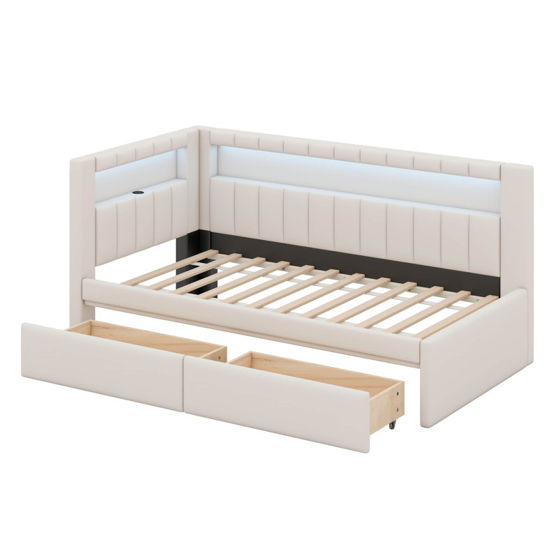 Lit de jour en L avec ports USB et 2 tiroirs de rangement, Lit simple, Blanc