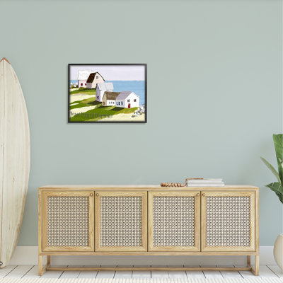 «Quaint Seaside Cottage donnant sur un vaste paysage océanique» par Tina Finn, reproduction d'art sur cadre flottant