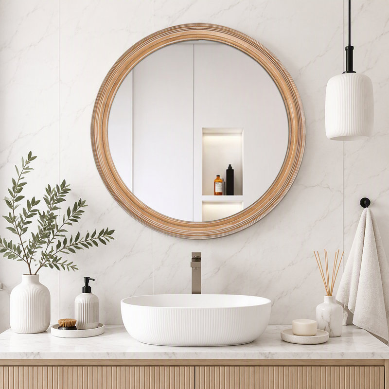 Miroir mural rond de style champêtre avec cadre en bois vieilli 31,50 po, L 31,5 po