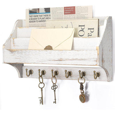  Pine Wood Key Holder Wall Mount - Farmhouse 3-Tire Mail Holder with 6 Key Hooks for Home Decor- Multifunctional Wall Organizer for Hanging Letter (Brown&White)