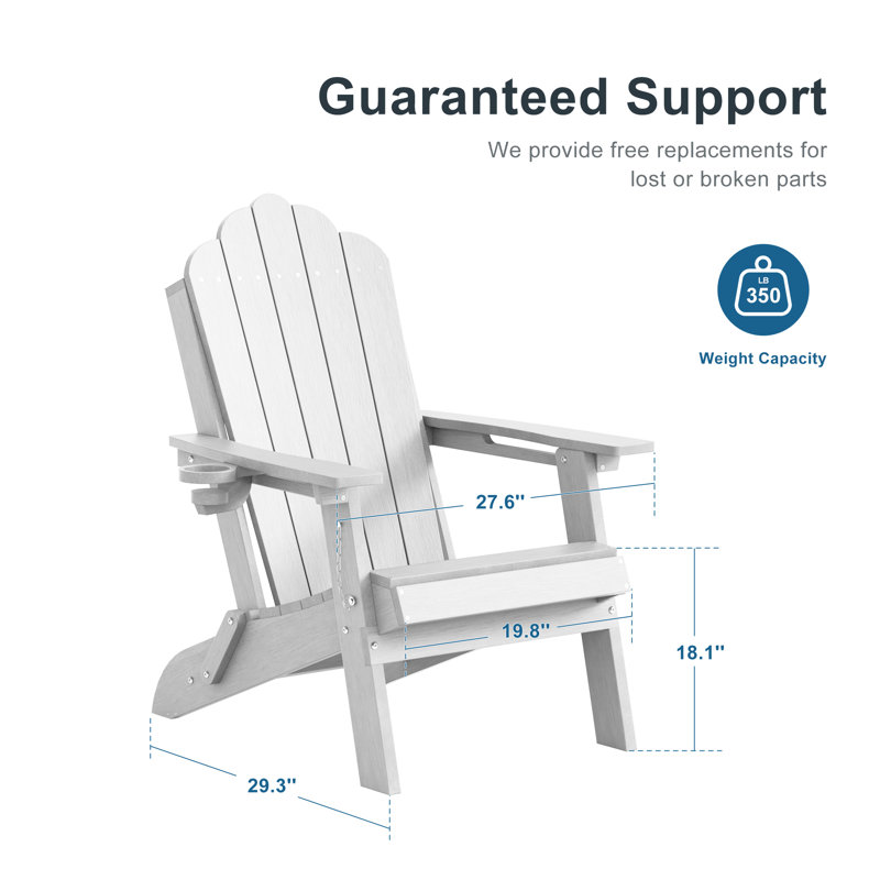 Classic Folding Adirondack Chair, HDPE Adirondack Chair with Ergonomic Design & Cup Holder for Patio and Fire Pit, White
