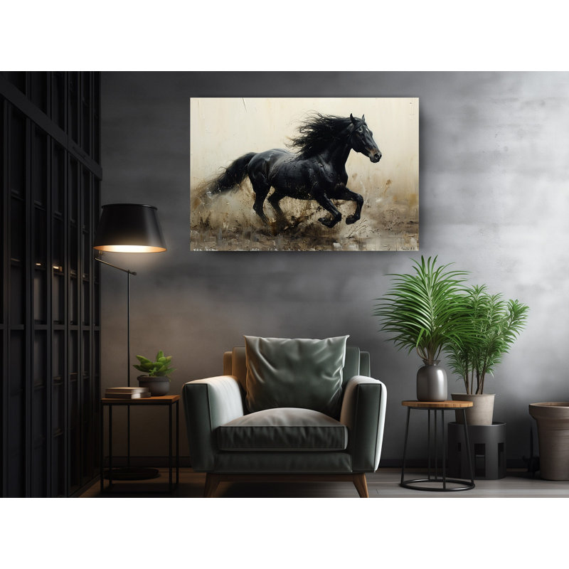 Reproduction de peinture à l'huile, peinture de cheval frison noir sur toile, H 30 po x l 45 po