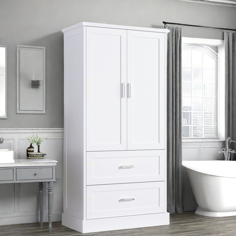 Rangement de salle de bain haut Coston avec 2 tiroirs, une tablette réglable et des tablettes de porte, Blanc