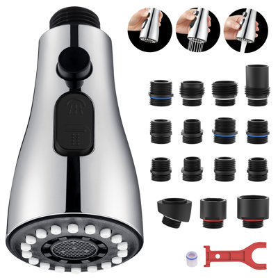 Pull Down Kitchen Faucet Spray Head Replacement 3 Modes with 15 Adapters