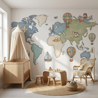 Papier peint carte du monde amovible montgolfière
