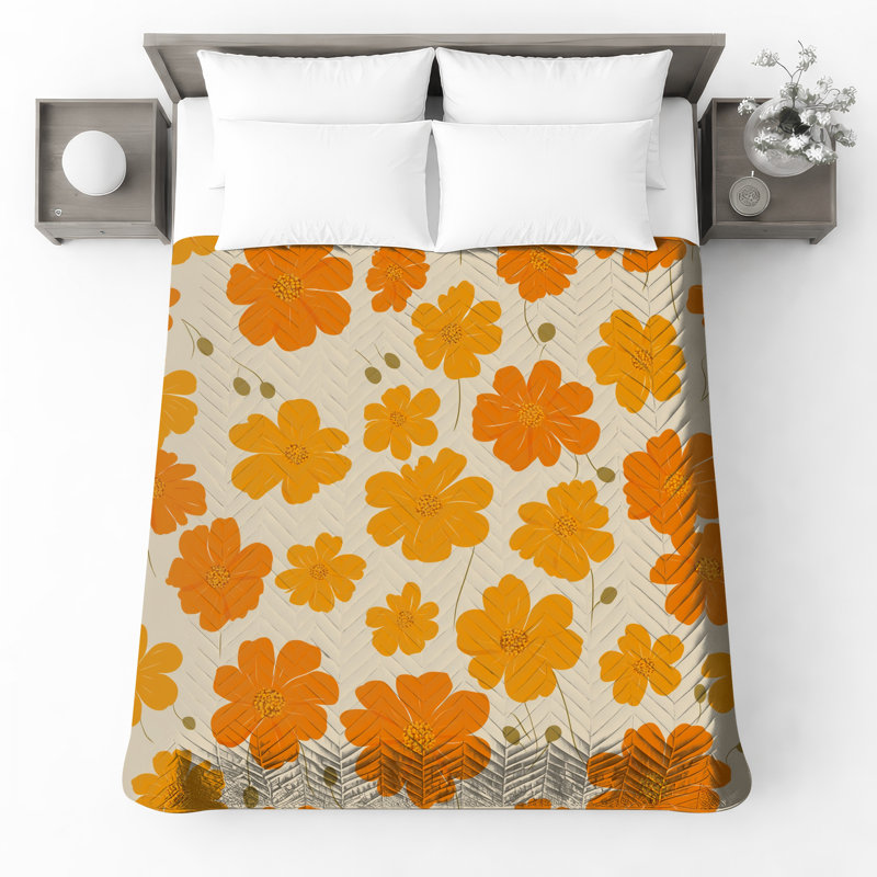 Couvre-lit matelassé orange et jaune à fleurs toutes tailles, Très grand lit