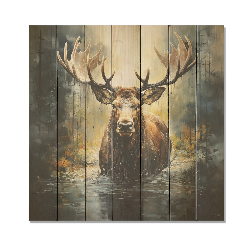Mystic Moose In Forest I - impression d'orignal sur bois, H 36 po x l 36 po