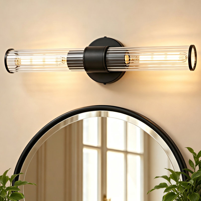 Almetta 2 - Applique murale de salle de bain noire à intensité variable avec abat-jour en verre rayé, luminaire de bar pour salle de bain