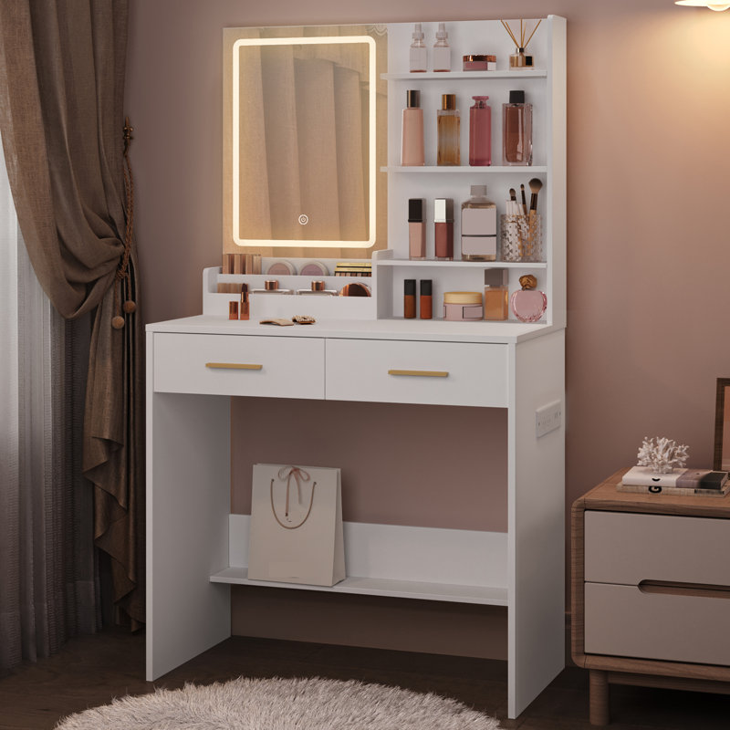 Bureau de meuble-lavabo avec miroir et lumière, meuble-lavabo de maquillage avec prise de courant, 3 tablettes de rangement ouvertes et 2 compartiments, 3 coiffeuses Color-Modes avec 2 tiroirs pour la chambre à coucher, blanc