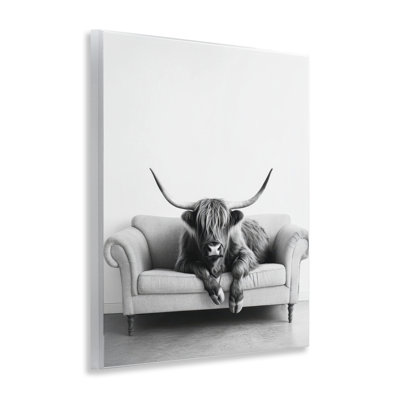 Highland Cow on Couch Wall Plaque Art, design by Petal Prints Design