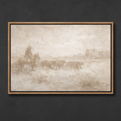 Western Cowboy Herding Cattle in Misty Landscape Framed Print Wall Art