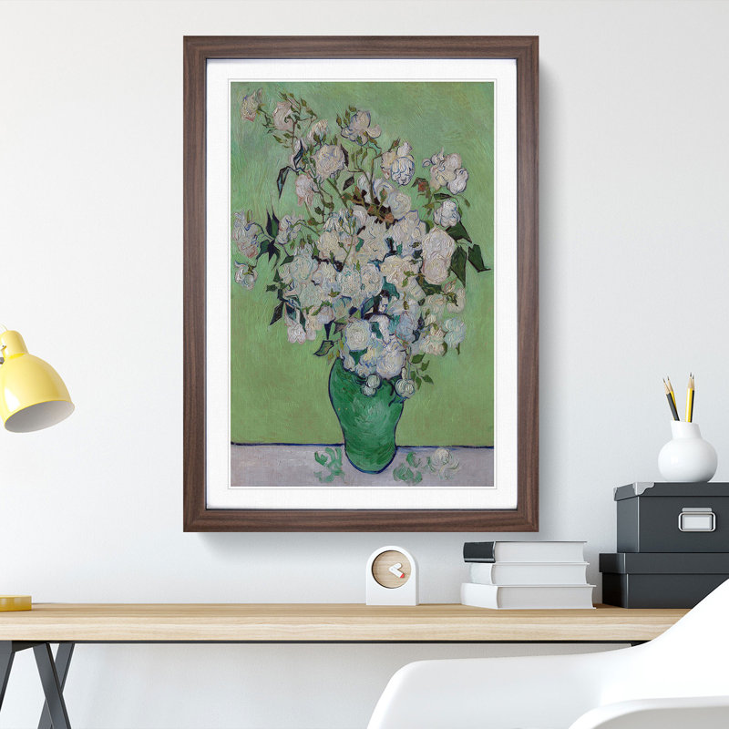 White Roses by Vincent Van Gogh - Picture Frame Painting, Walnut Framed, 65cm H x 48cm W x 2cm D