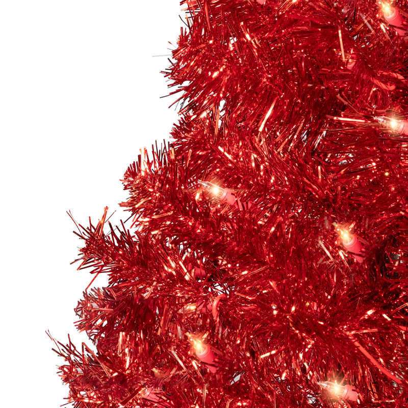 Pre-Lit Profile Artificial Tinsel Christmas Tree - Red, 4', Pre-Lit