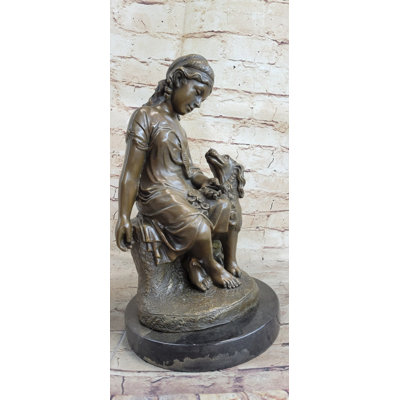 Ocracoke Clical Girl With Puppy Dog Bronze Statue Sculpture Figure On Marble Base 15 Inches X 8 Inches